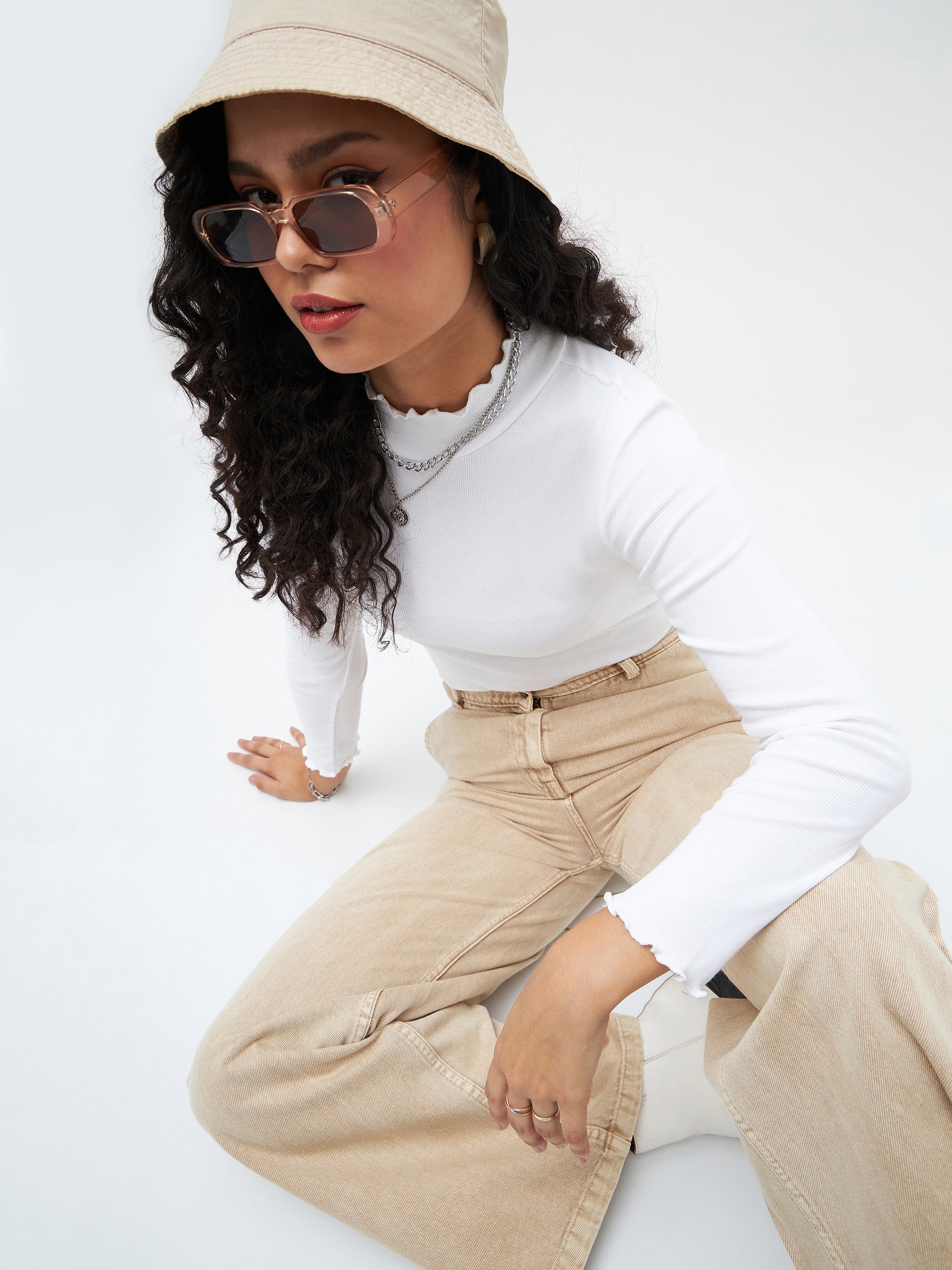 Women White Rib High Neck Full Sleeve Top-SFTOPS4897