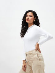 Women White Rib High Neck Full Sleeve Top-SFTOPS4897