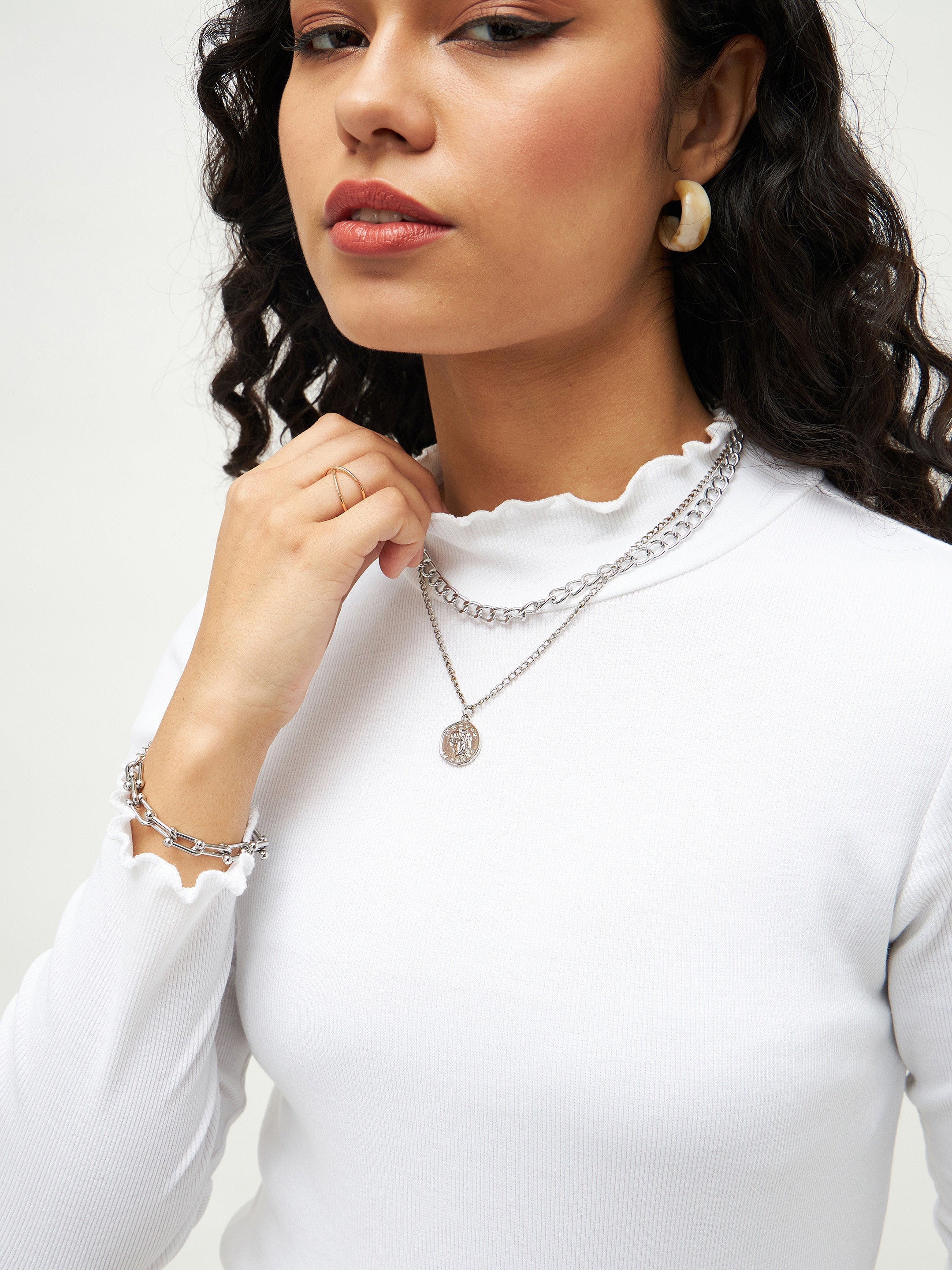 Women White Rib High Neck Full Sleeve Top-SFTOPS4897