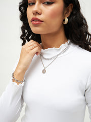 Women White Rib High Neck Full Sleeve Top-SFTOPS4897