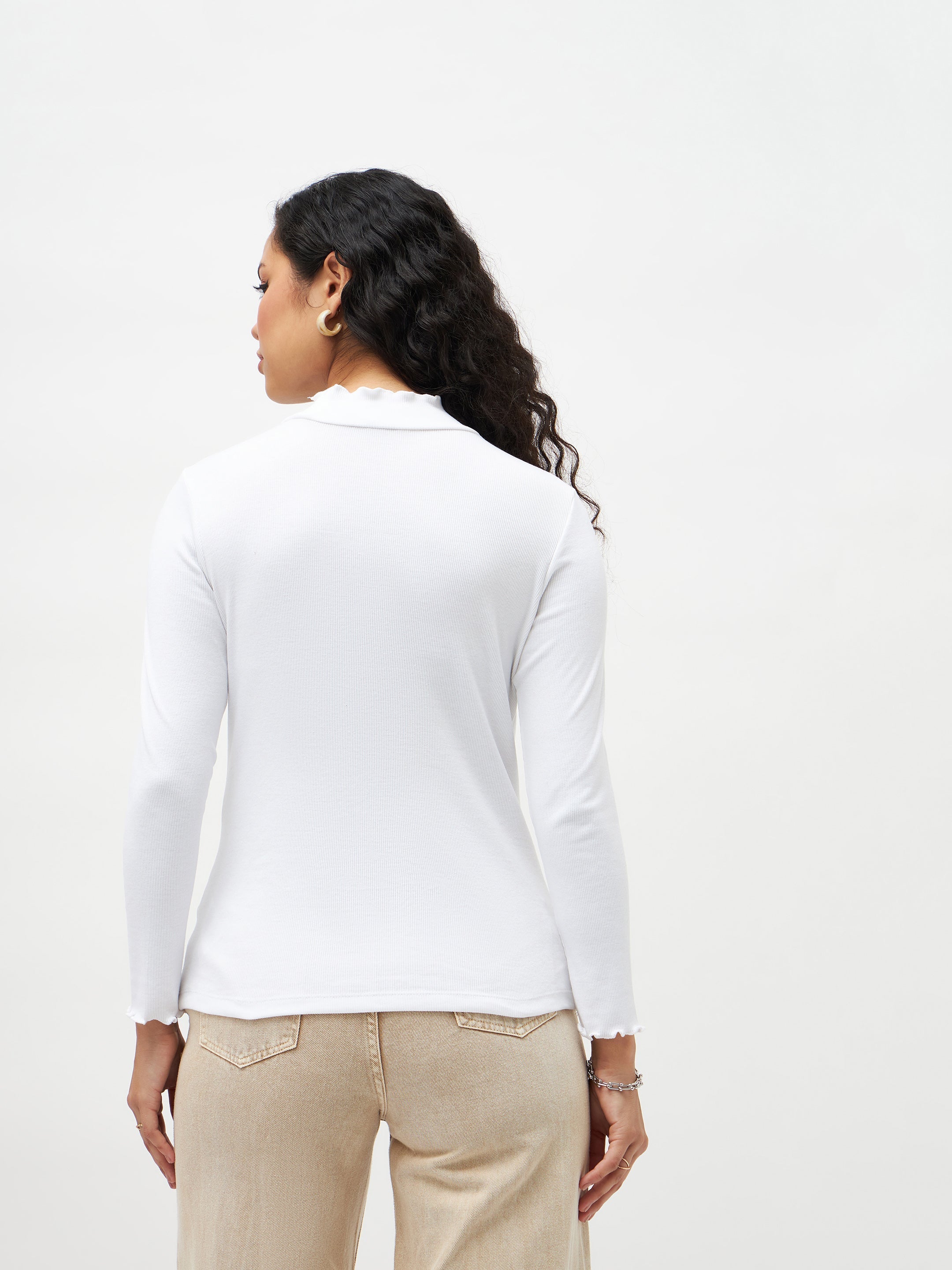 Women White Rib High Neck Full Sleeve Top-SFTOPS4897