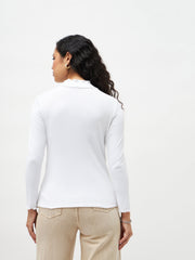 Women White Rib High Neck Full Sleeve Top-SFTOPS4897