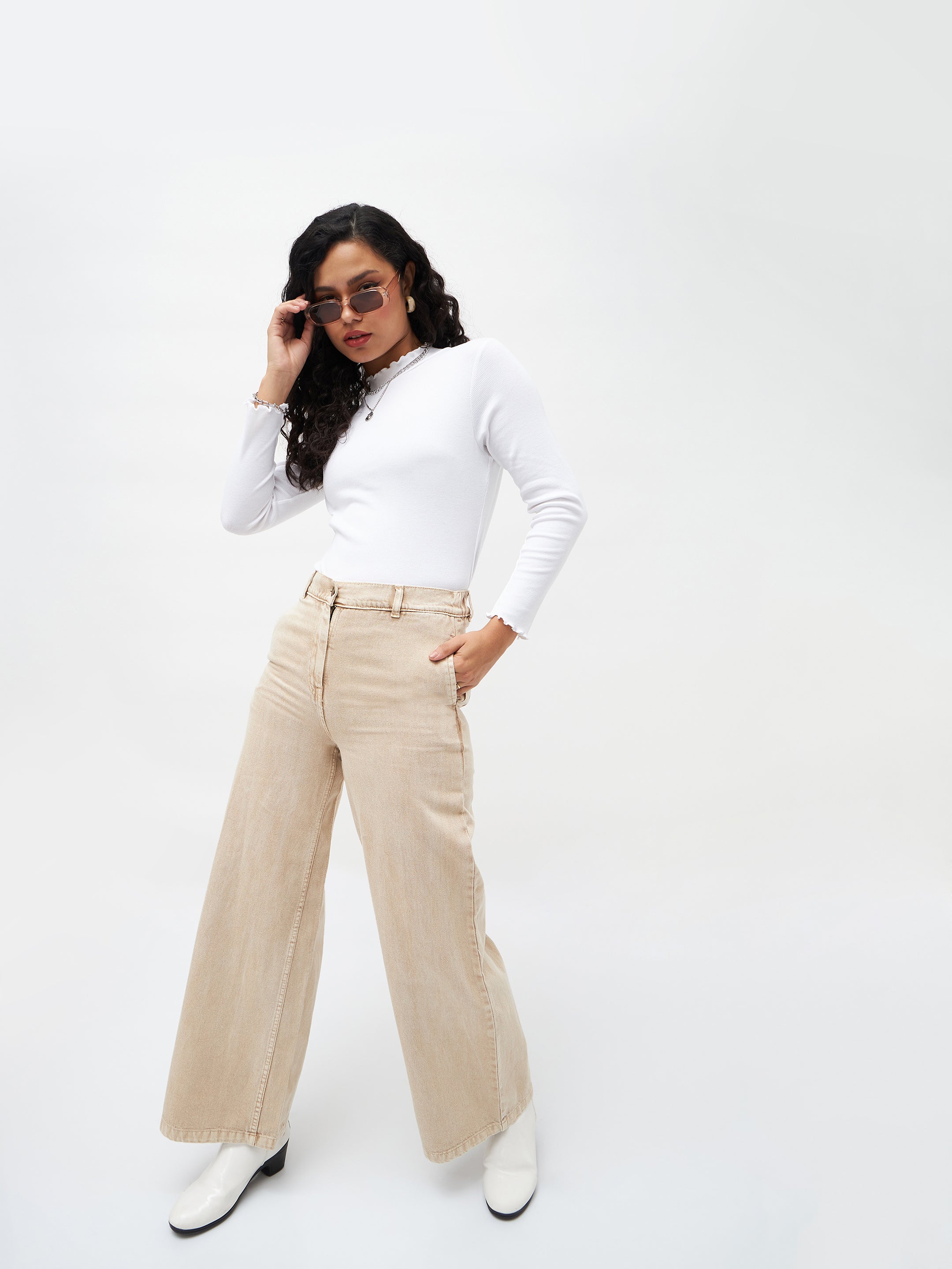 Women White Rib High Neck Full Sleeve Top-SFTOPS4897