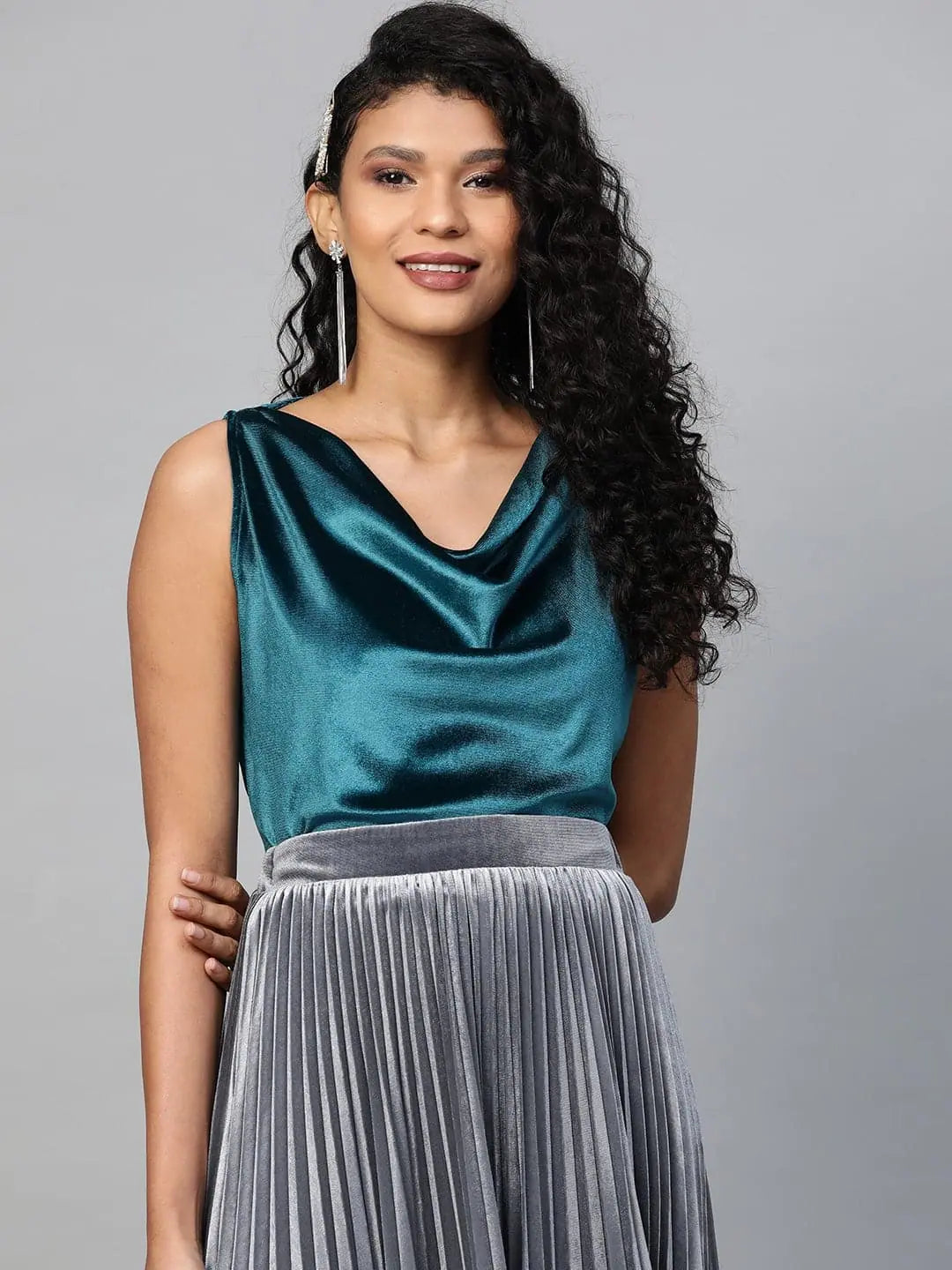 Teal Velvet Cowl Neck Top | Elegant Women's Slim Fit