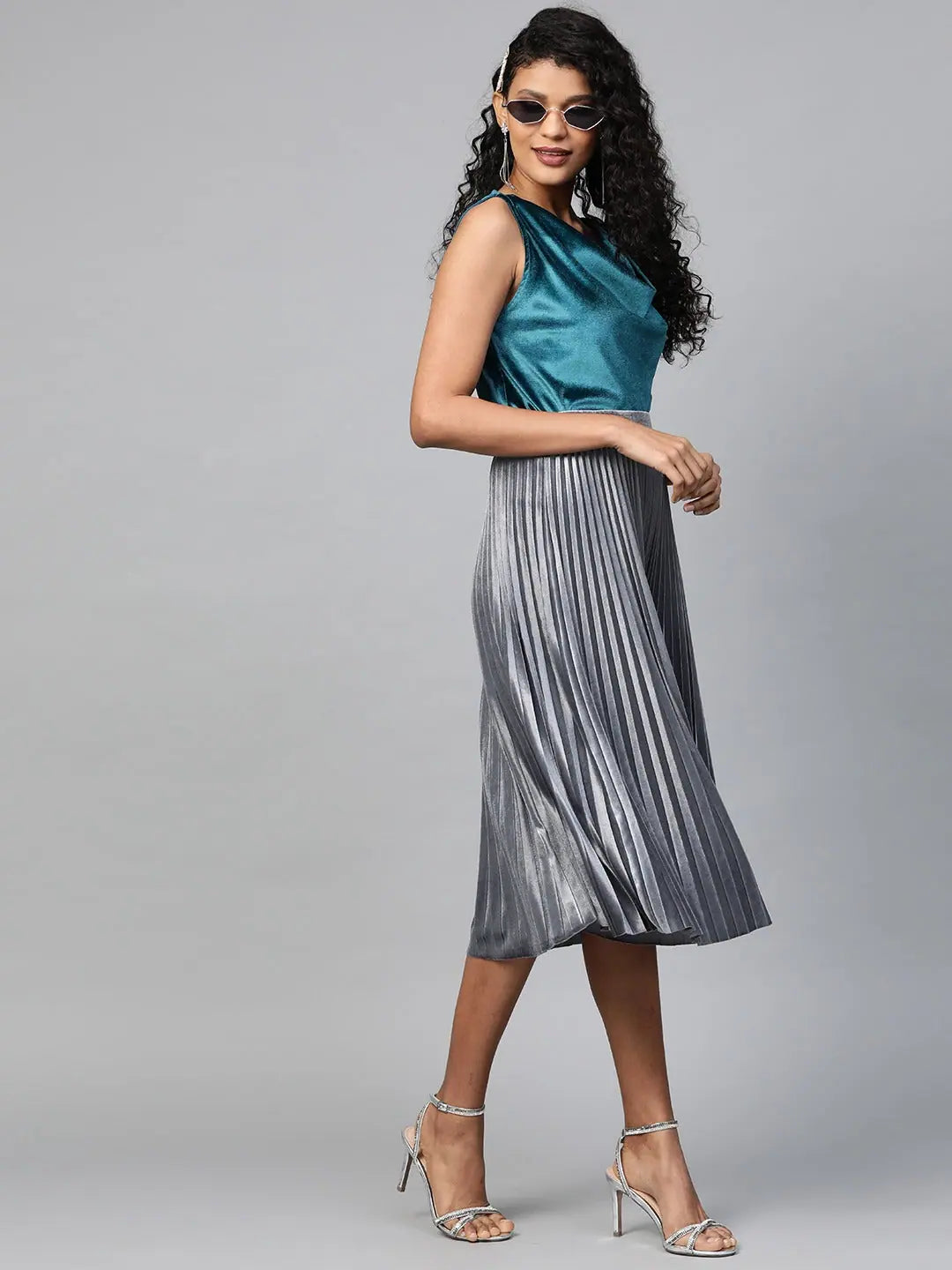Teal Velvet Cowl Neck Top | Elegant Women's Slim Fit