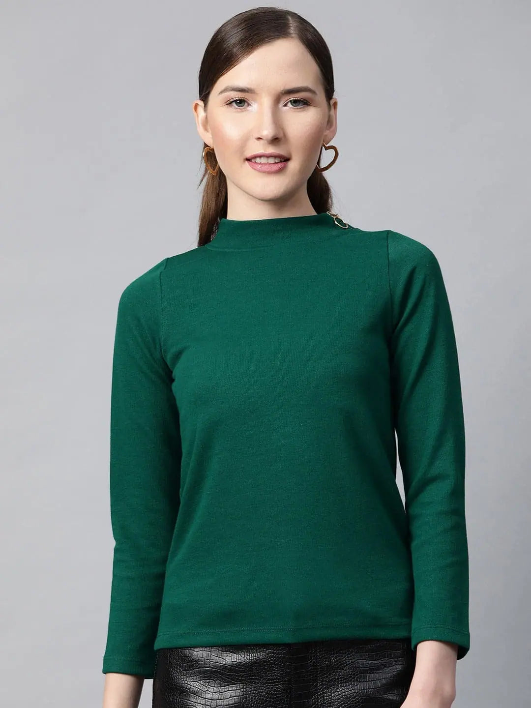 Emerald Ribbed High Neck Top | Women's Stylish Slim Fit