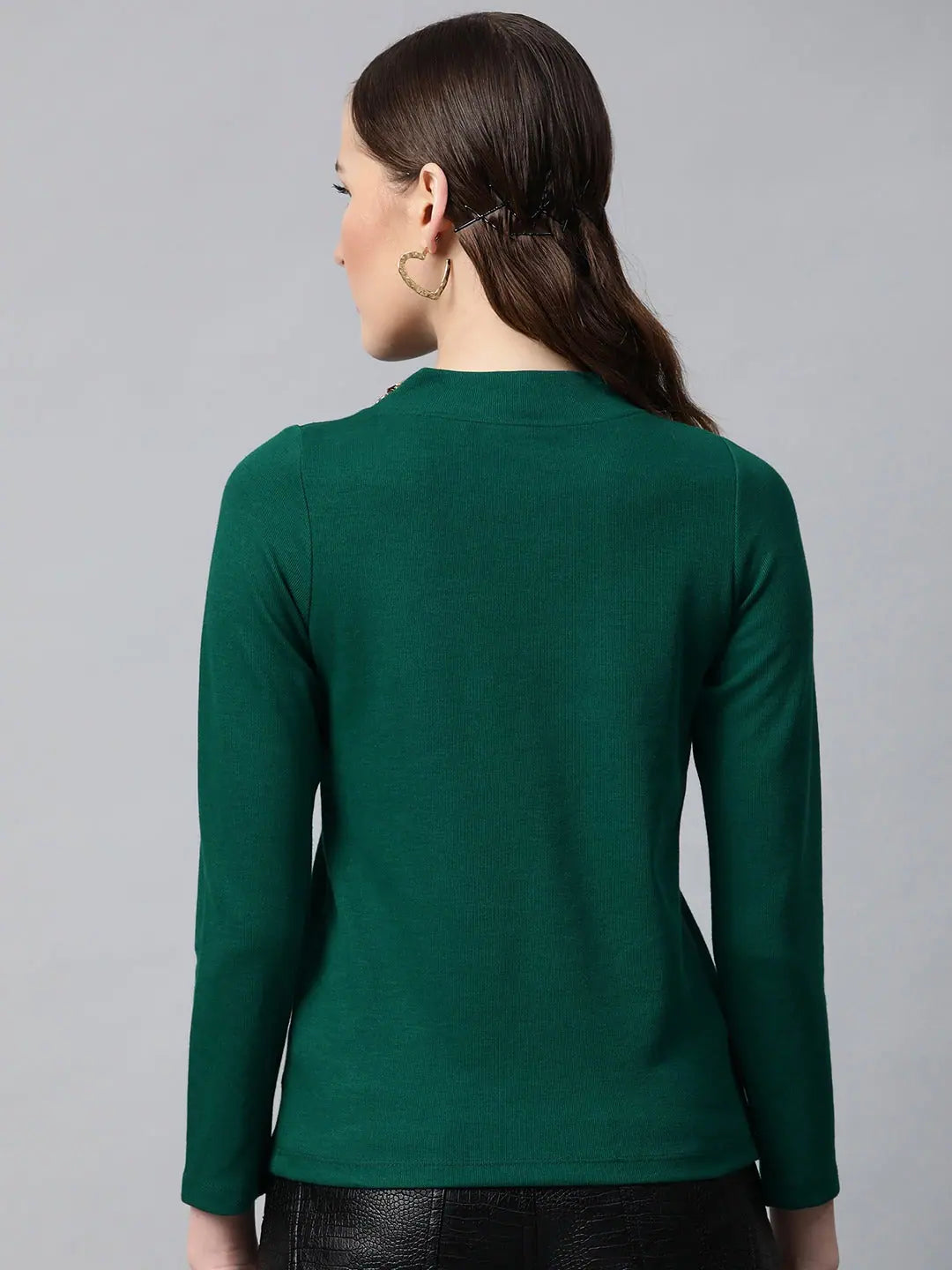 Emerald Ribbed High Neck Top | Women's Stylish Slim Fit