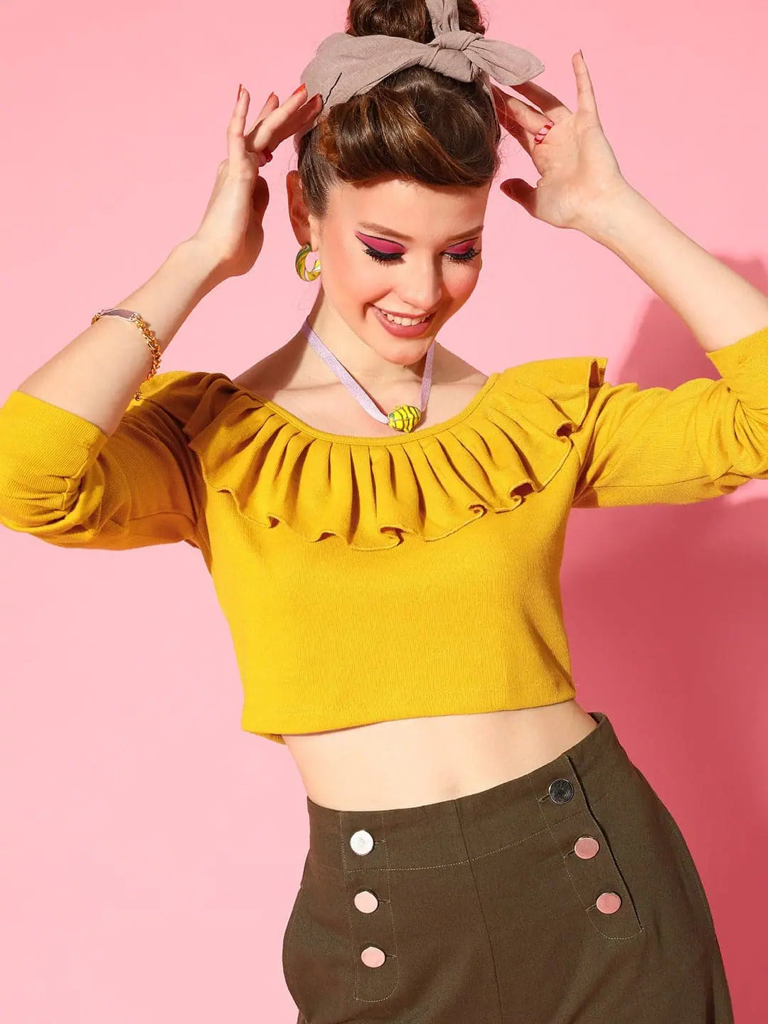 Mustard Frilly Neck Crop Top | Women's Western Clothing