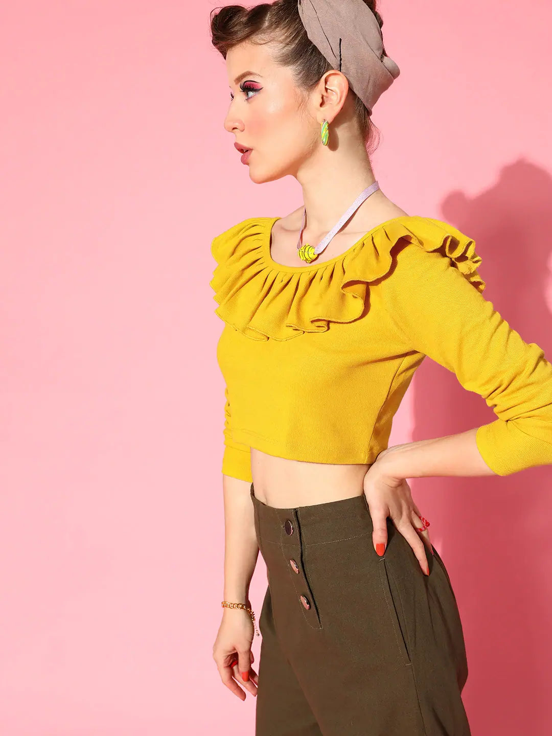 Mustard Frilly Neck Crop Top | Women's Western Clothing