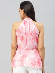 Pink Floral Halter Neck Peplum Top