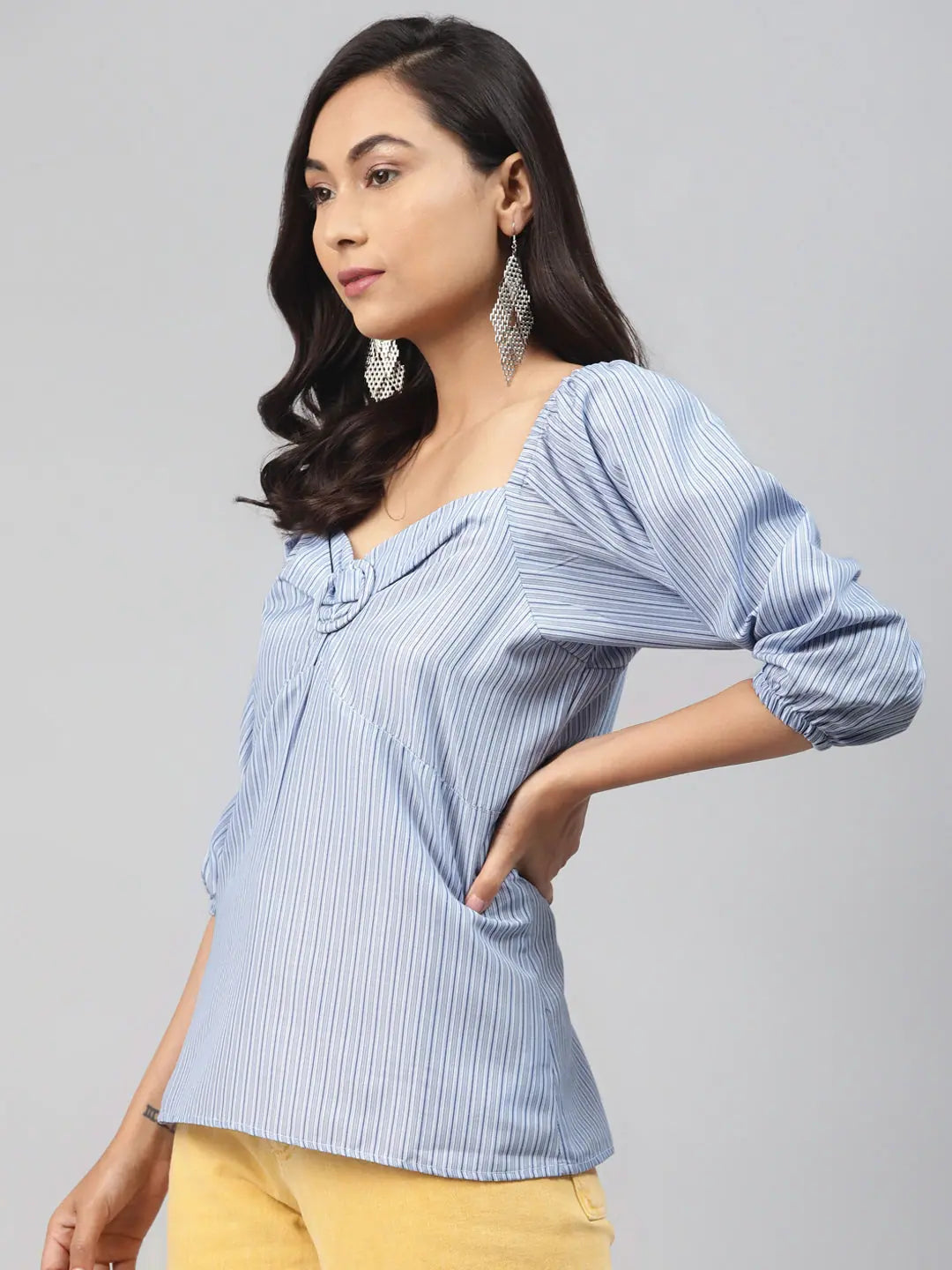 Blue Stripe Puff Sleeve Top | Women's Poly Cotton Top