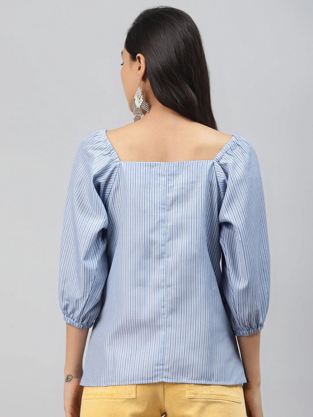 Blue Stripe Puff Sleeve Top | Women's Poly Cotton Top