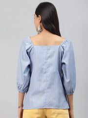 Blue Stripe Puff Sleeve Top
