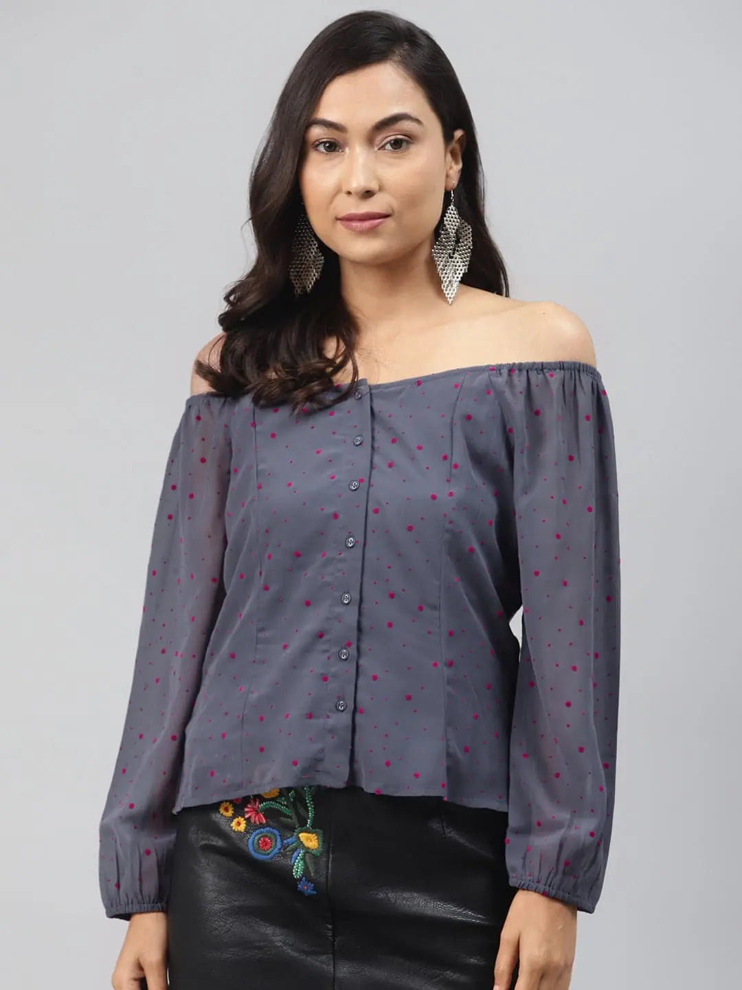 Blue Flock Print Boat Neck Top | Women's Lehenga Choli Style