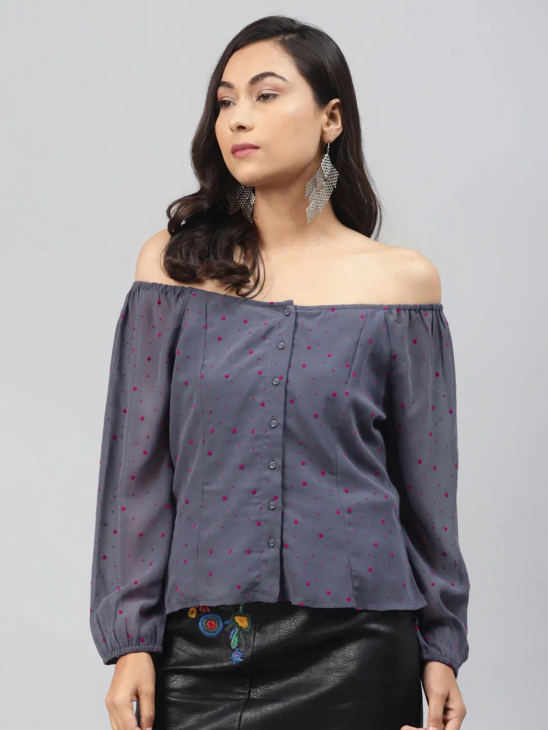 Blue Flock Print Boat Neck Top | Women's Lehenga Choli Style
