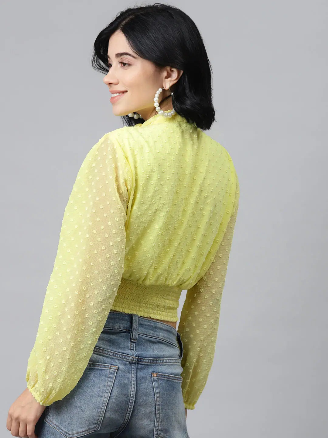 Yellow Smocked Crop Top - Cute Front Bow Detail