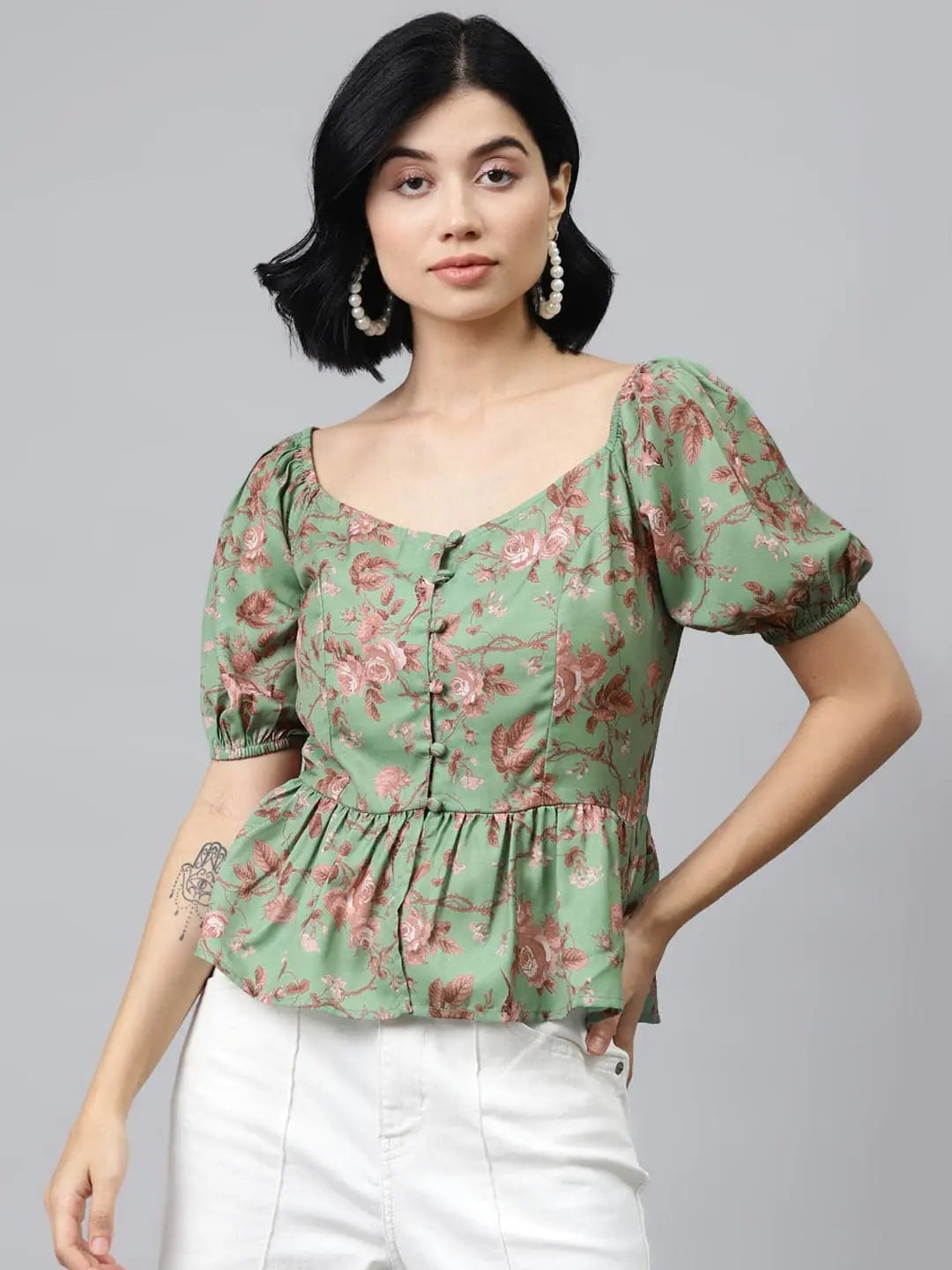 Green Floral Peplum Top - Front Button Detail, Polyester