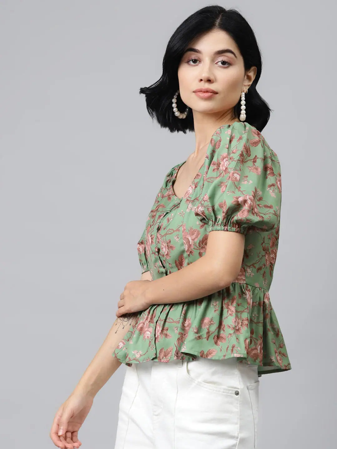 Green Floral Peplum Top - Front Button Detail, Polyester