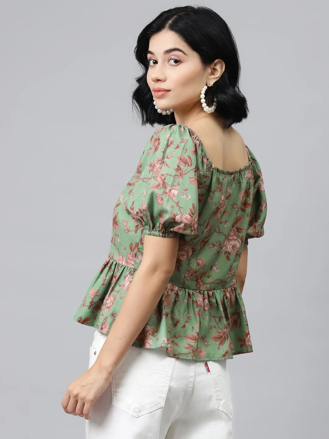 Green Floral Peplum Top - Front Button Detail, Polyester