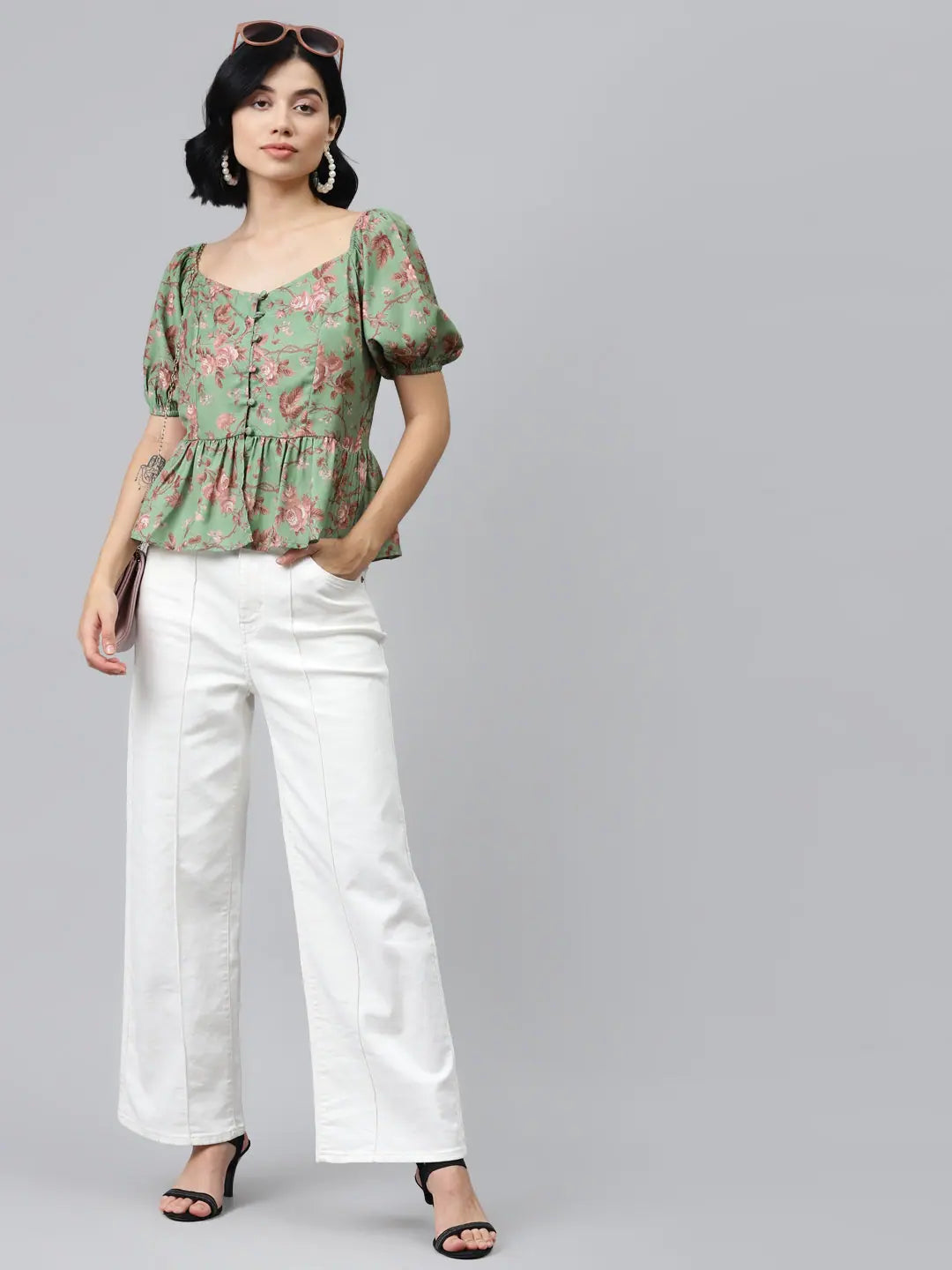 Green Floral Peplum Top - Front Button Detail, Polyester
