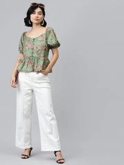 Green Floral Front Button Peplum Top