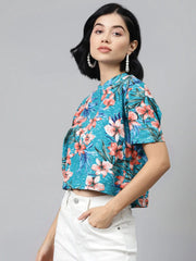 Blue Floral Boxy Crop Top