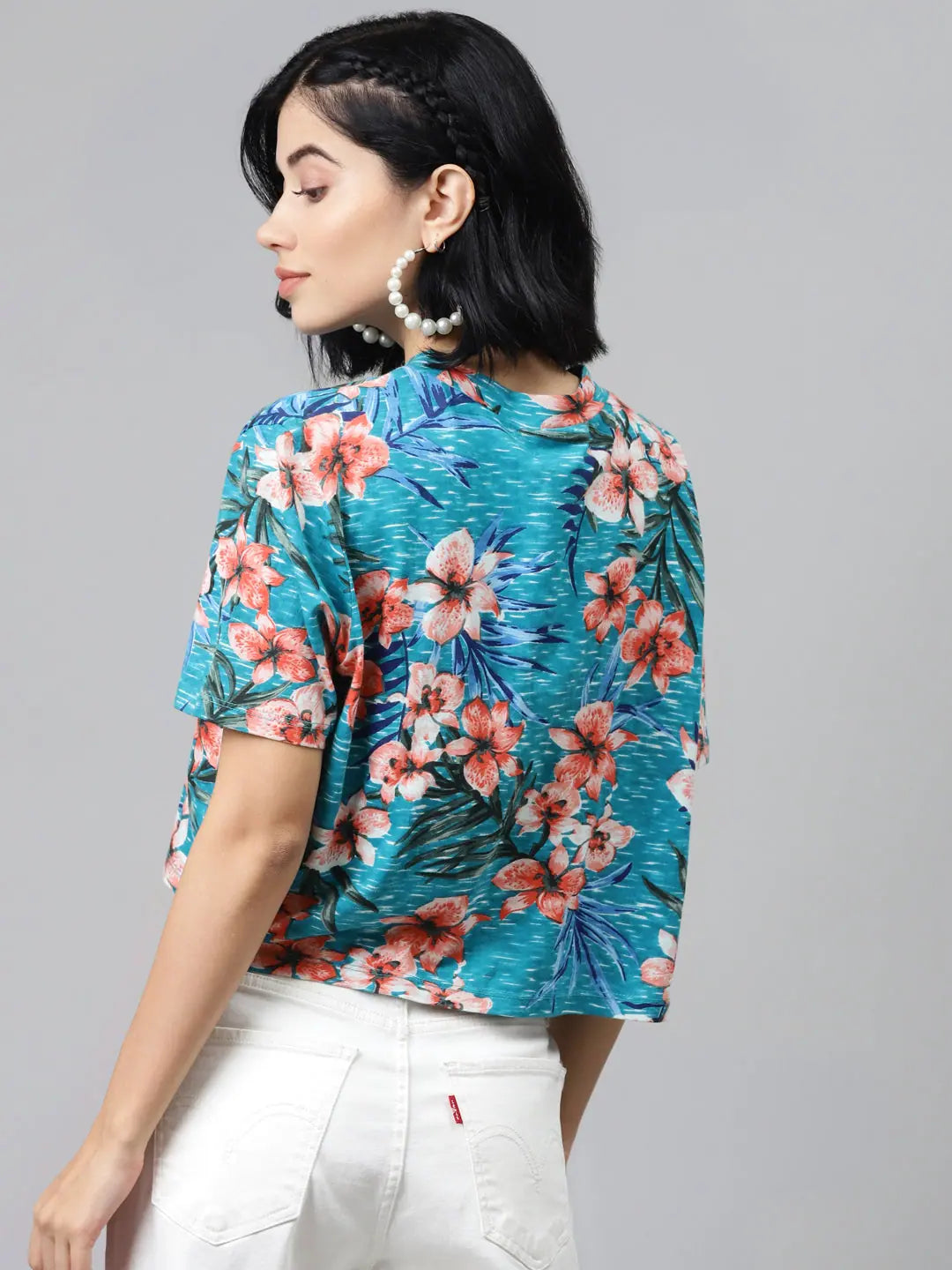 Blue Floral Boxy Crop Top | Lehenga for Women, Cotton Jersey