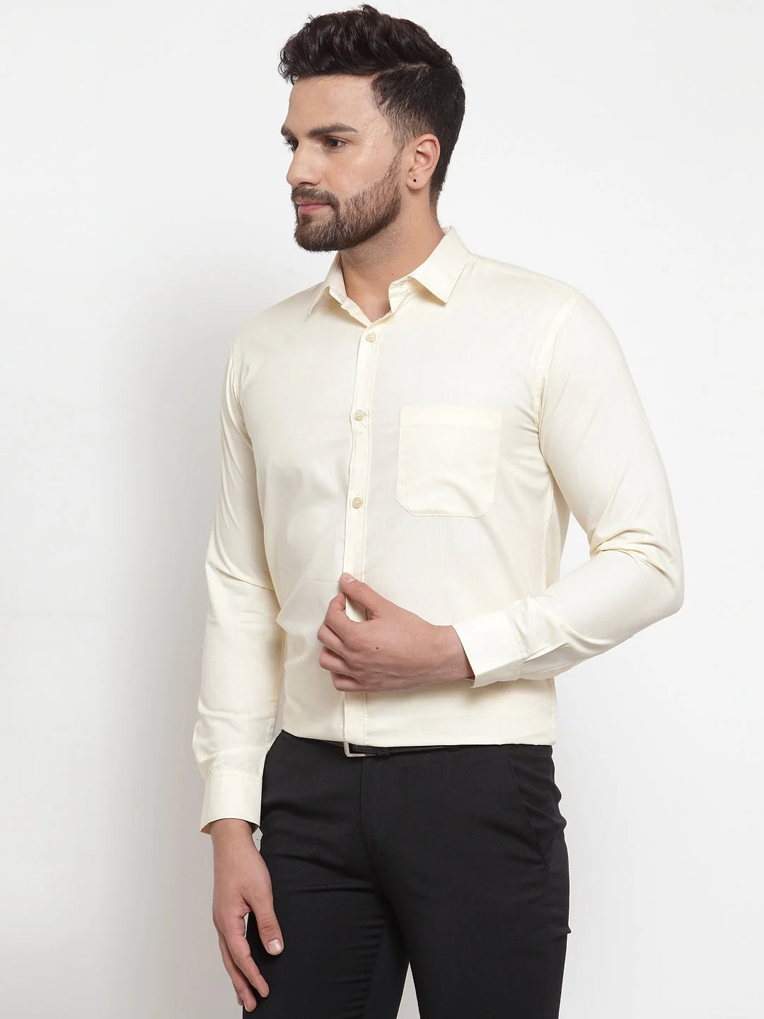 Cream Cotton Mens Shirt | Indian Needle Formal Shirts