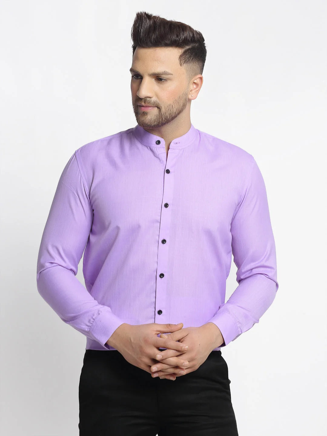 Purple Cotton Mandarin Collar Mens Shirt - Formal Shirts