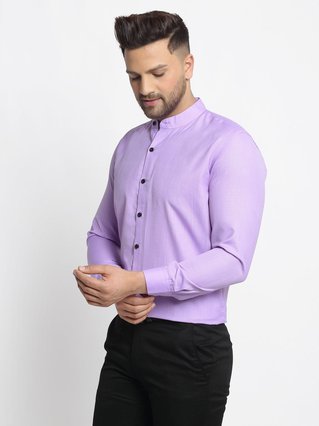 Purple Cotton Mandarin Collar Mens Shirt - Formal Shirts