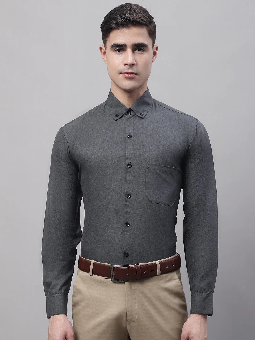 Men's Charcoal Cotton Formal Shirt - Solid Dress Shirt