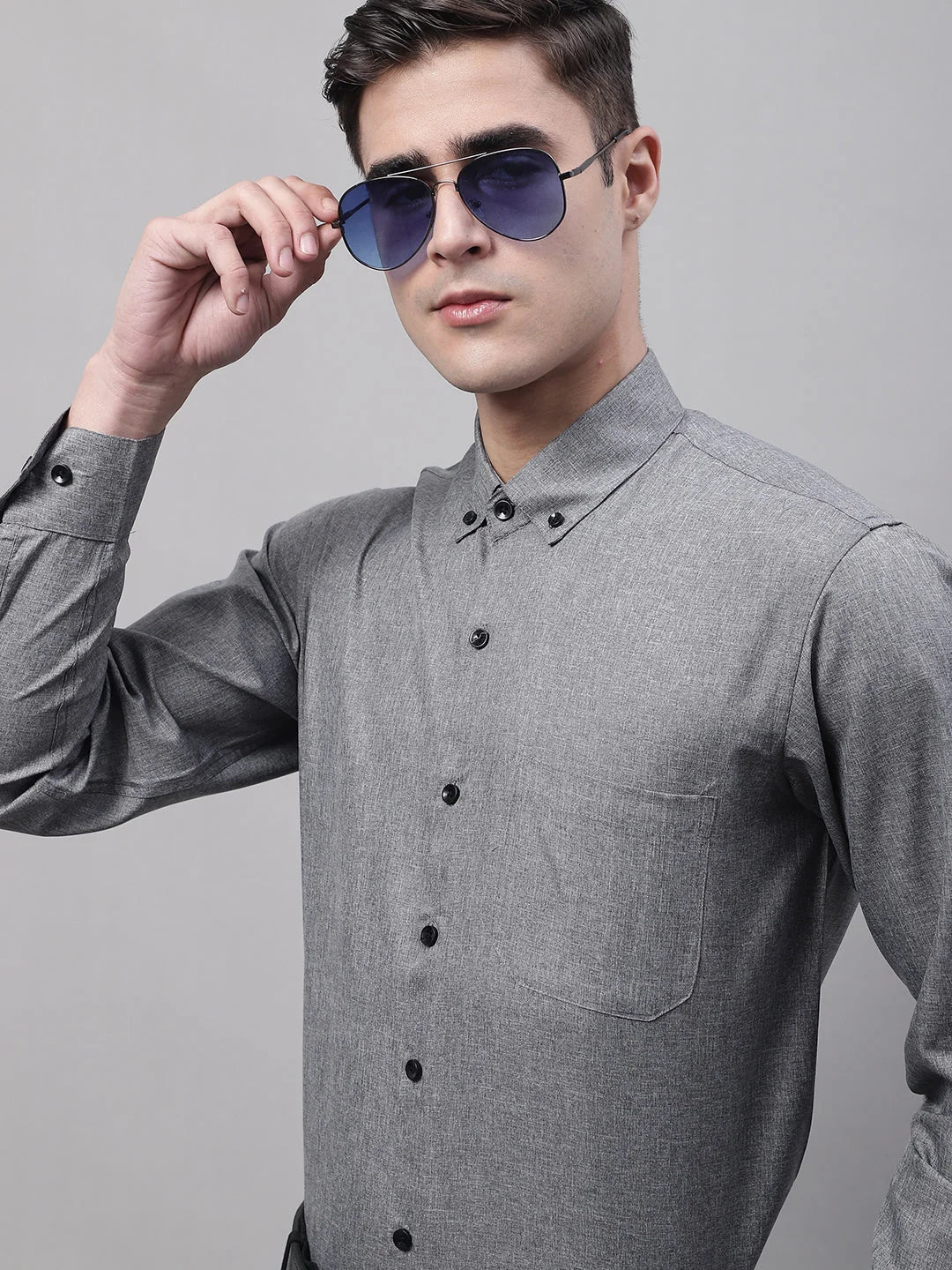 Men's Dark-Grey Cotton Solid Formal Shirt-SF-734