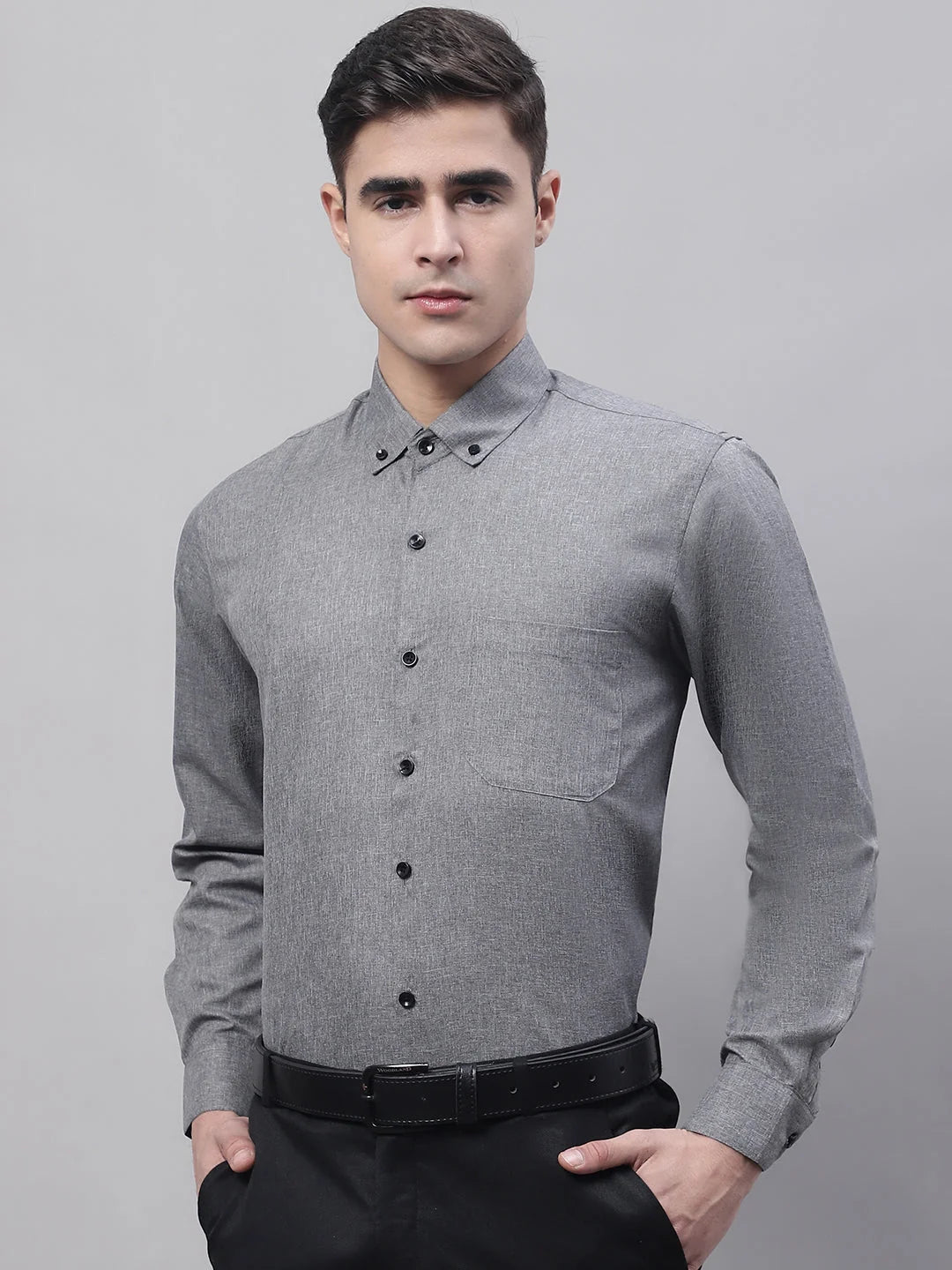 Men's Dark Grey Cotton Formal Shirt - Solid Dress Shirt