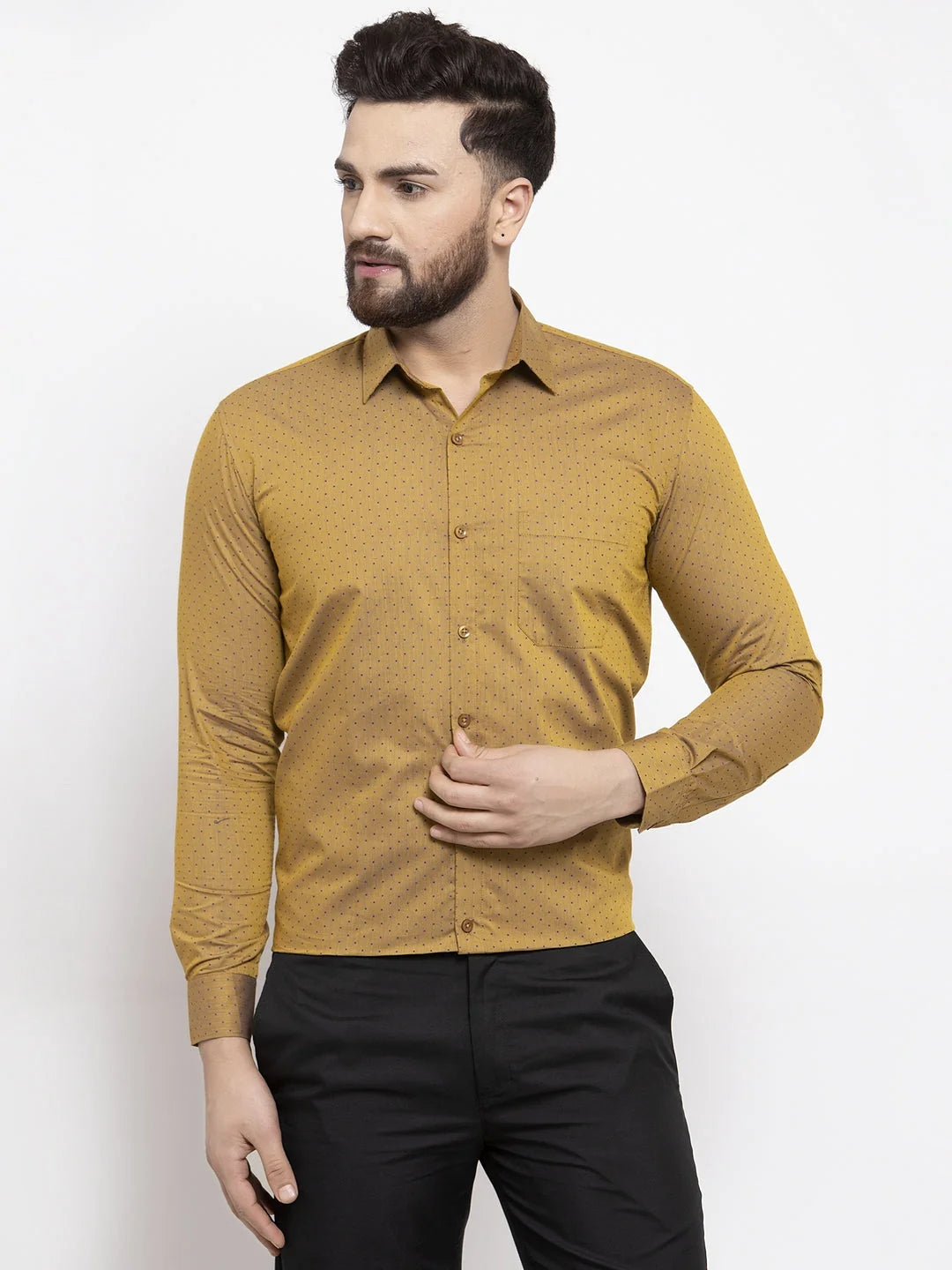 Yellow Polka Dot Formal Shirts | Cotton Mens Shirt Online