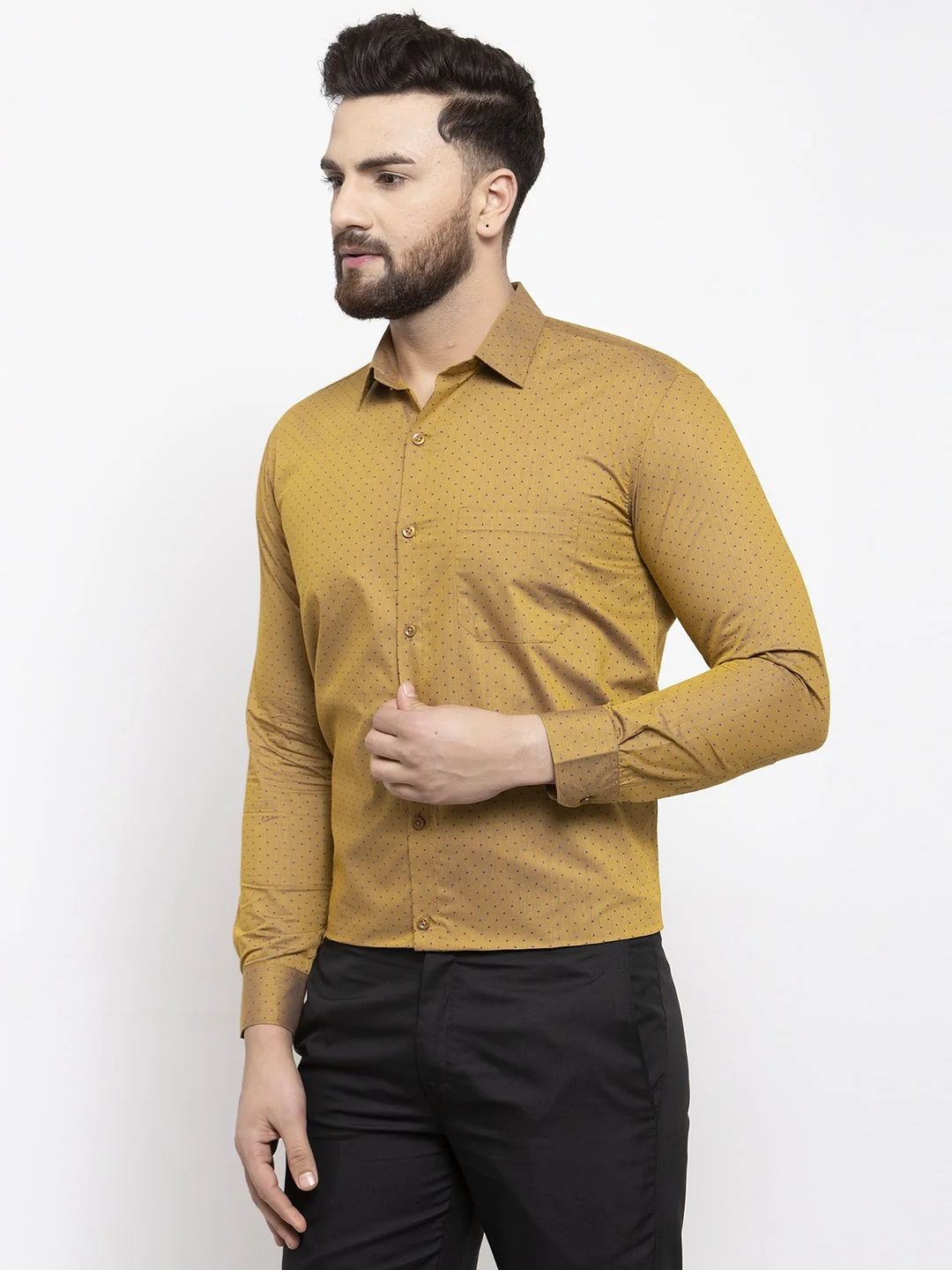 Yellow Polka Dot Formal Shirts | Cotton Mens Shirt Online