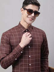 Men's Brown Cotton Checked Formal Shirt-SF-742