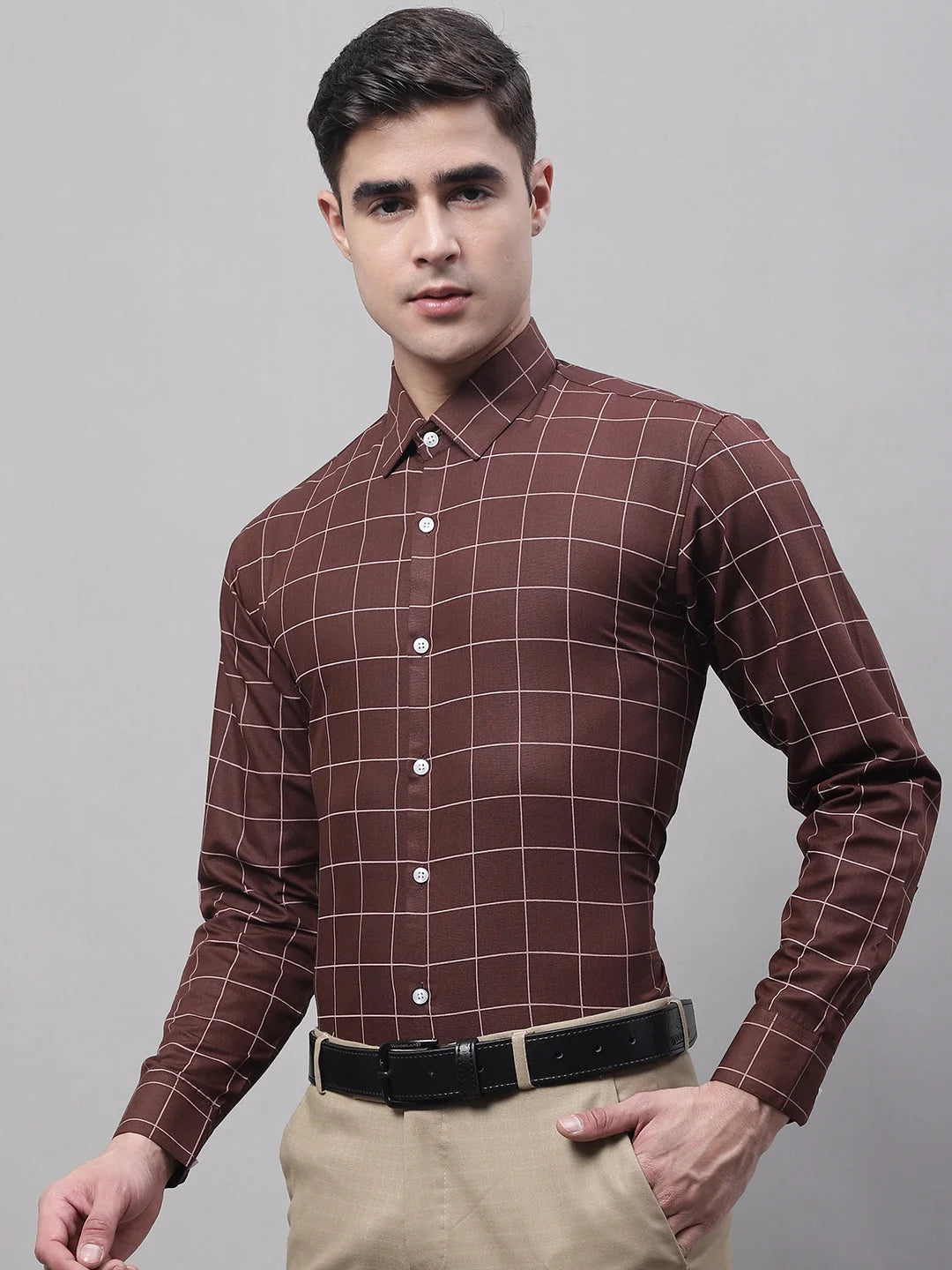 Men's Brown Cotton Checked Formal Shirt | Best Formal Shirts