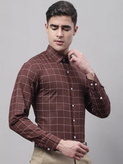 Men's Brown Cotton Checked Formal Shirt-SF-742