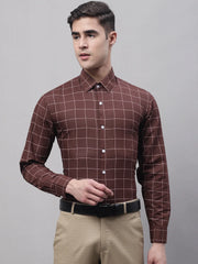 Men's Brown Cotton Checked Formal Shirt-SF-742