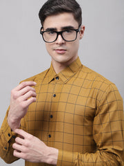 Men's Mustard Cotton Checked Formal Shirt-SF-742