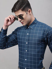 Men's Teal Blue Cotton Checked Formal Shirt-SF-742