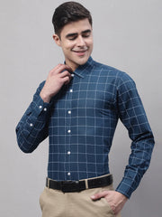 Men's Teal Blue Cotton Checked Formal Shirt-SF-742