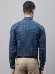 Men's Teal Blue Cotton Checked Formal Shirt-SF-742