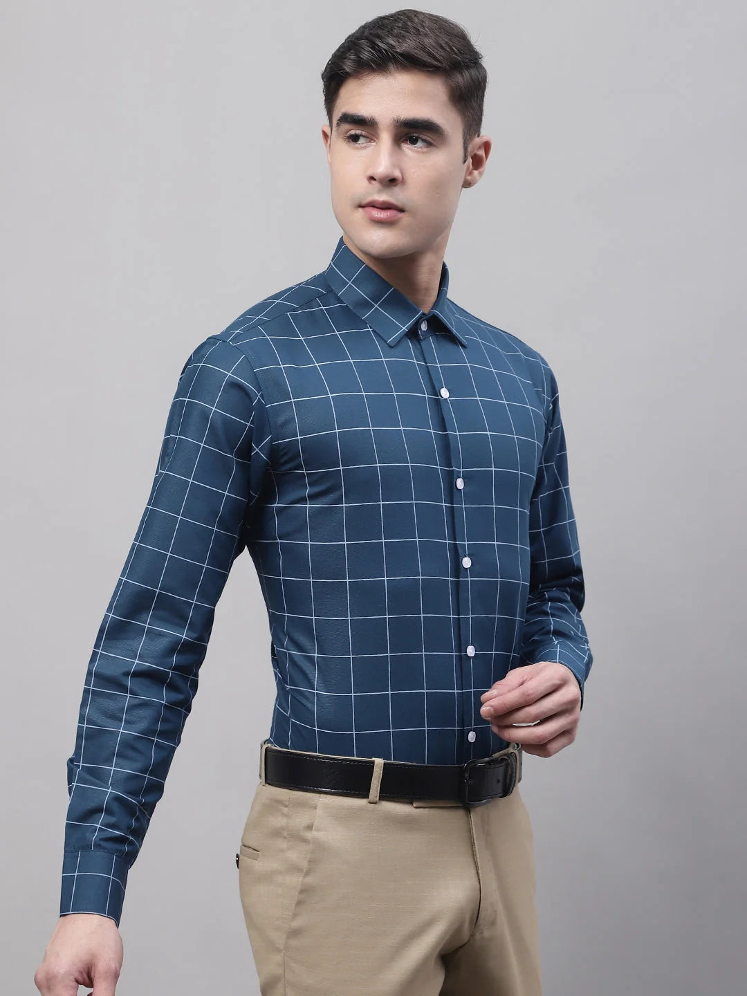 Men's Teal Blue Cotton Checked Formal Shirt | Formal Shirts