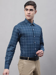 Men's Teal Blue Cotton Checked Formal Shirt-SF-742