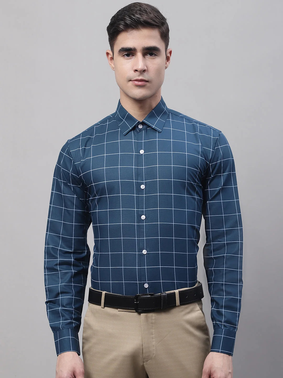 Men's Teal Blue Cotton Checked Formal Shirt | Formal Shirts