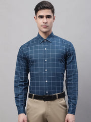 Men's Teal Blue Cotton Checked Formal Shirt-SF-742