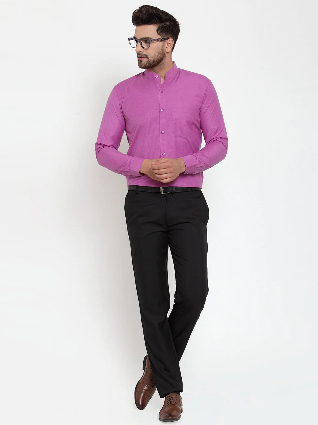 Indian Needle Pink Cotton Mandarin Collar Formal Shirts