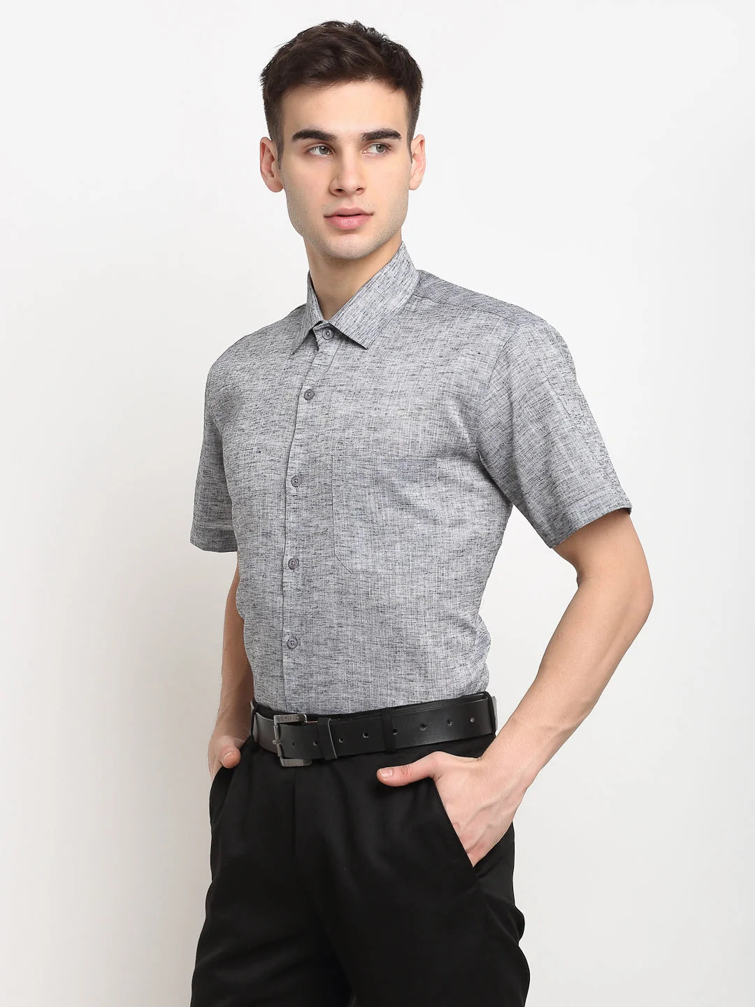 Grey Solid Cotton Mens Shirt | Half Sleeve Formal Shirts