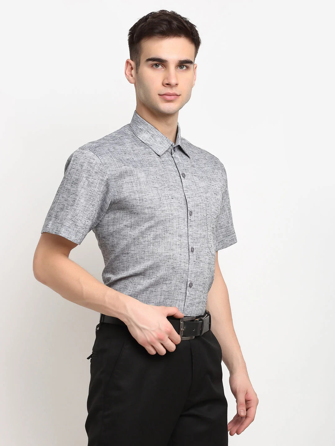 Grey Solid Cotton Mens Shirt | Half Sleeve Formal Shirts